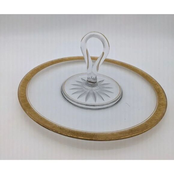 Vintage serving tray clear  glass gold trim handle   tidbit candy entertaining - Picture 5 of 10